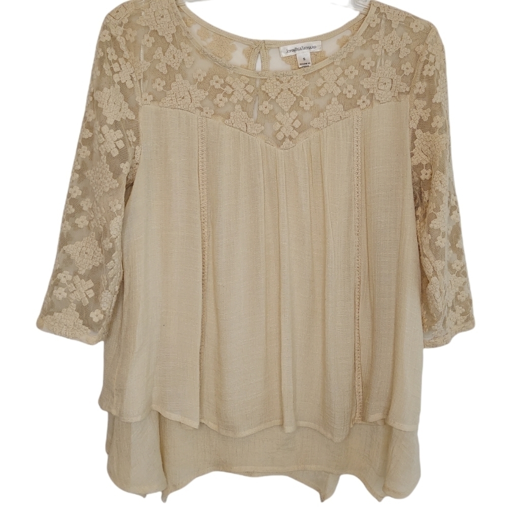 JohnPaulRichard Top Blouse Peasant Boho Penny Lane Tunic Lace Beige Tan Small